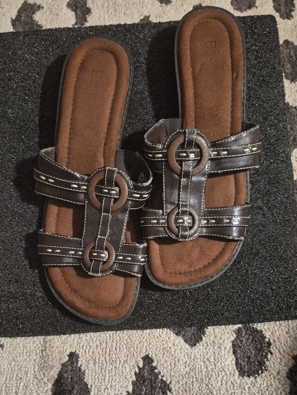Bass Brown Faux Leather Slide Sandals with Decorative Buckles